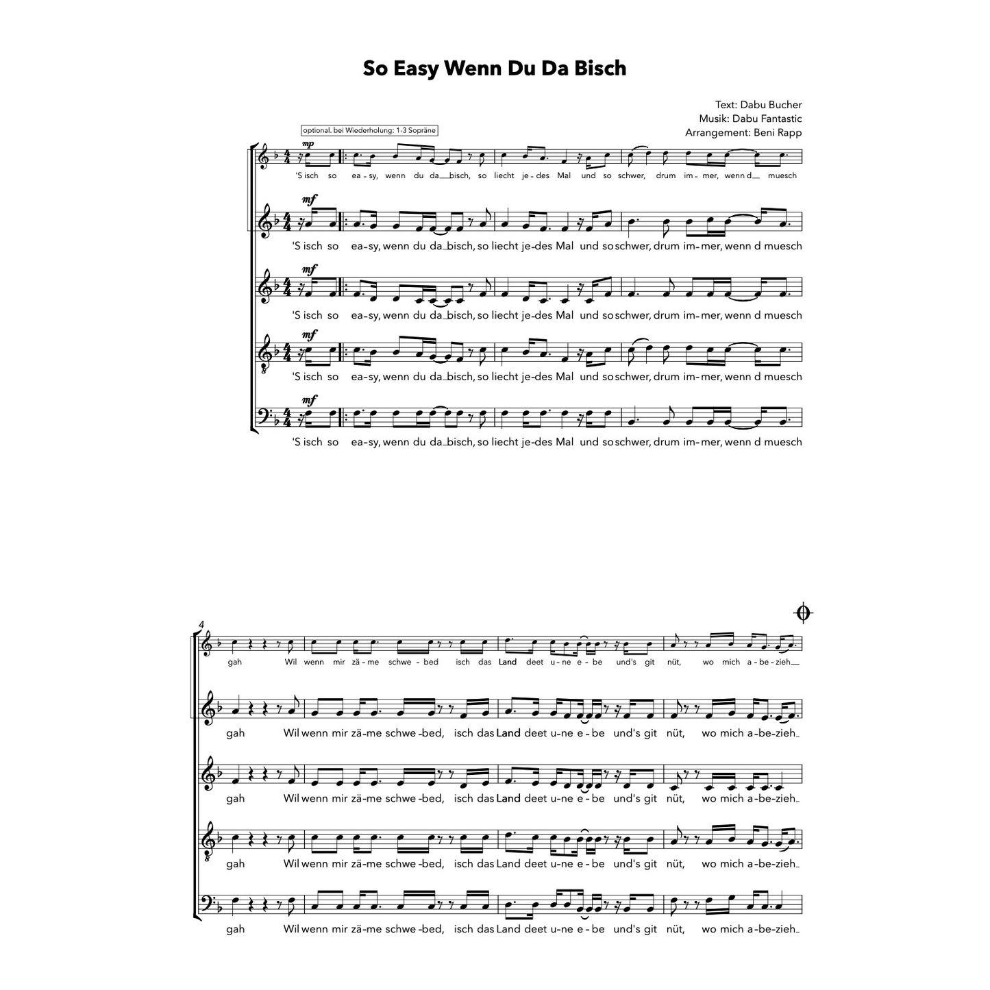 So Easy Wenn Du Da Bisch - Chor-Arrangement